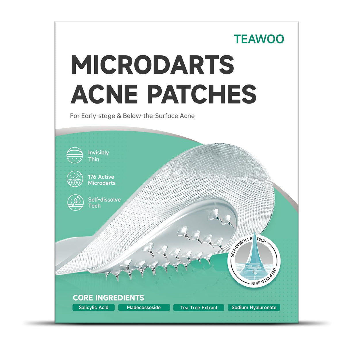 TEAWOO microdart patches close-up showing tiny dissolving darts for targeted blemishes