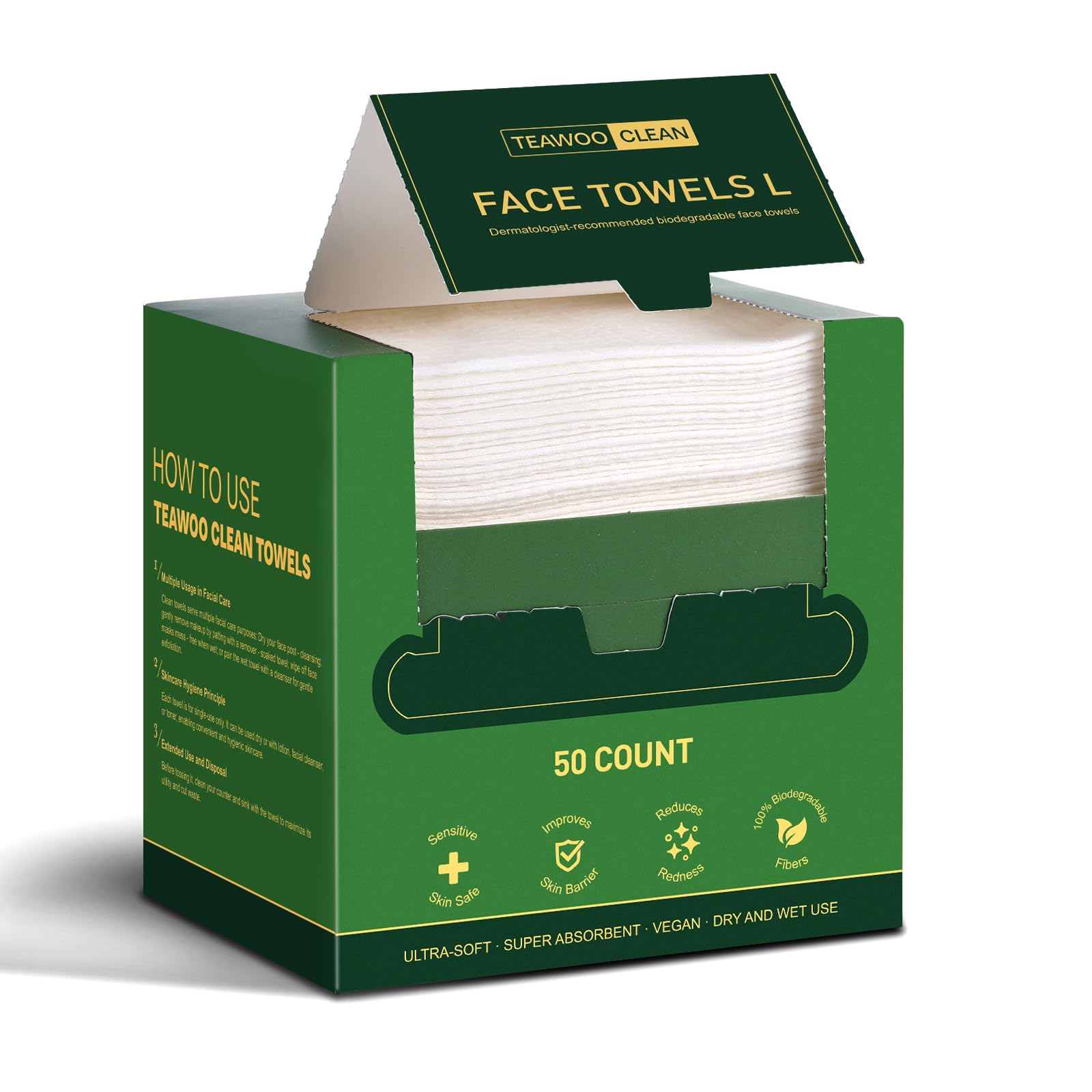 TEAWOO toallas faciales desechables 50 uds, limpieza suave para piel sensible.