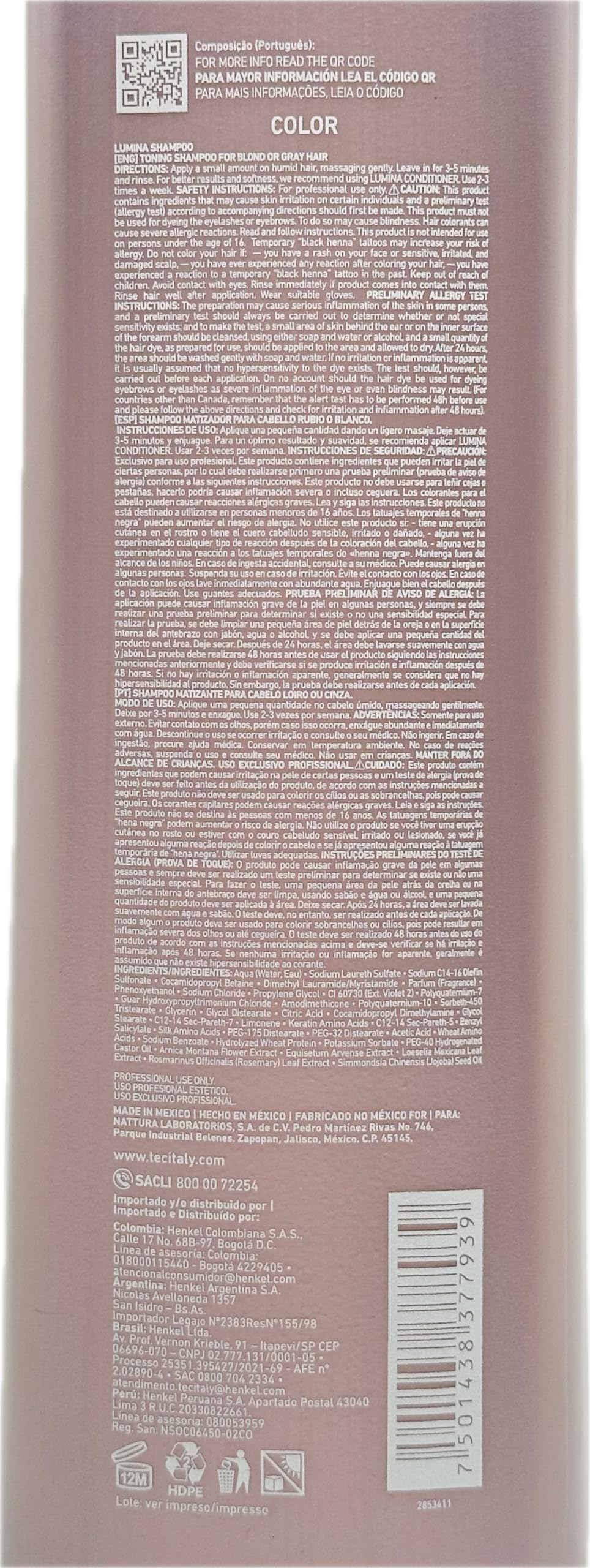 Espuma violeta de Lumina Champú neutralizando tonos amarillos en cabellos claros.