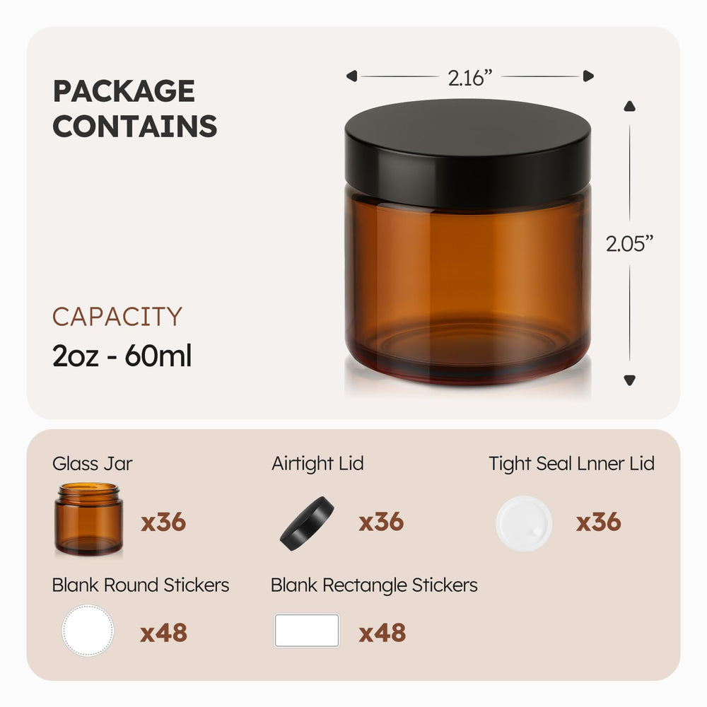 Bocal en verre ambré Tecowhouse 2 oz, bouchon noir, protège les produits de la lumière.