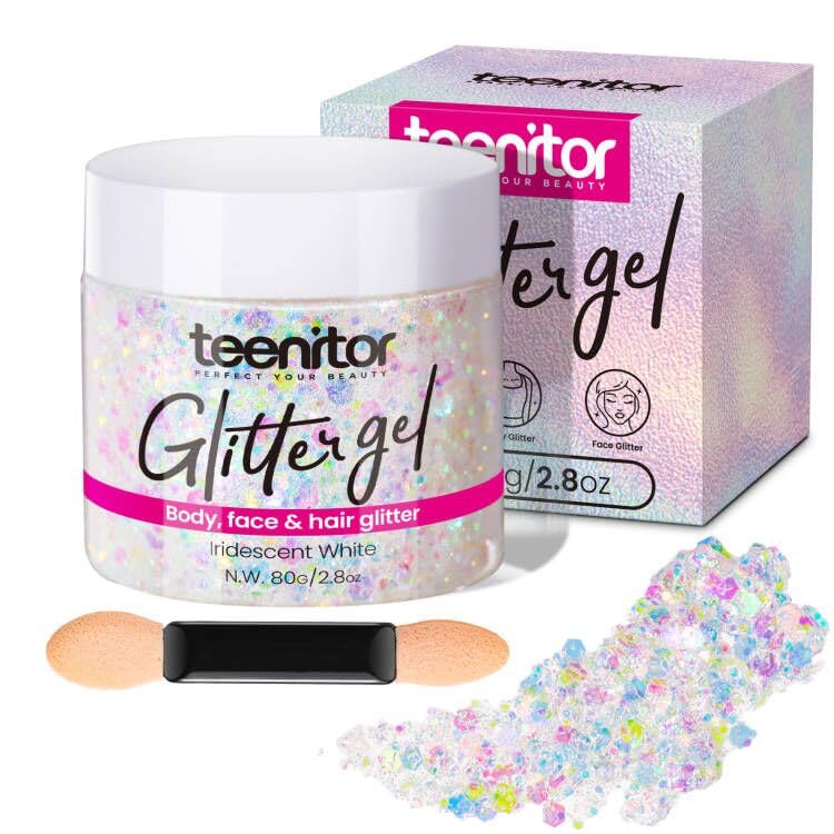 Teenitor brillo corporal gel blanco de 80 g aplicado en piel para un acabado radiante.