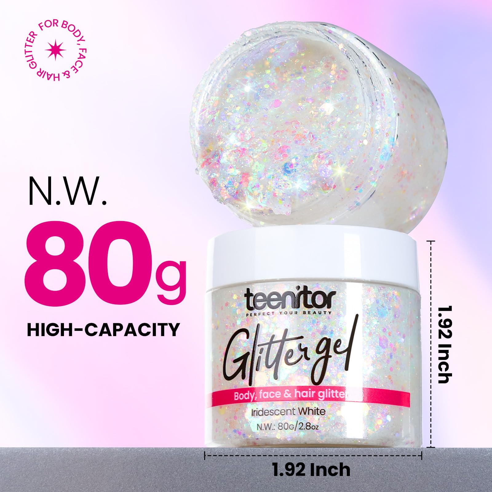 Teenitor destellos para rostro, cuerpo y cabello con tono blanco iridiscente.