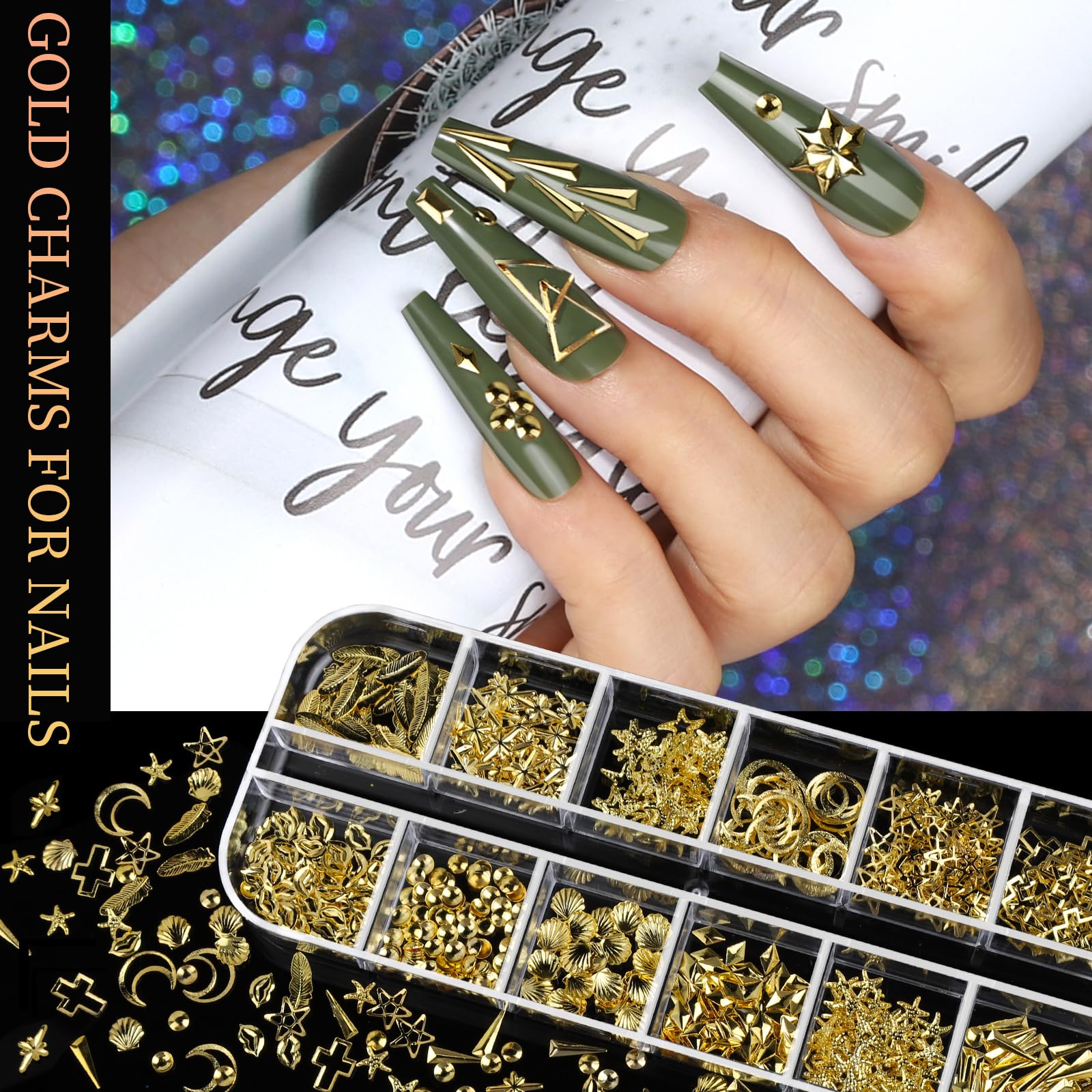 Teenitor gold nail charms collection display with four boxes