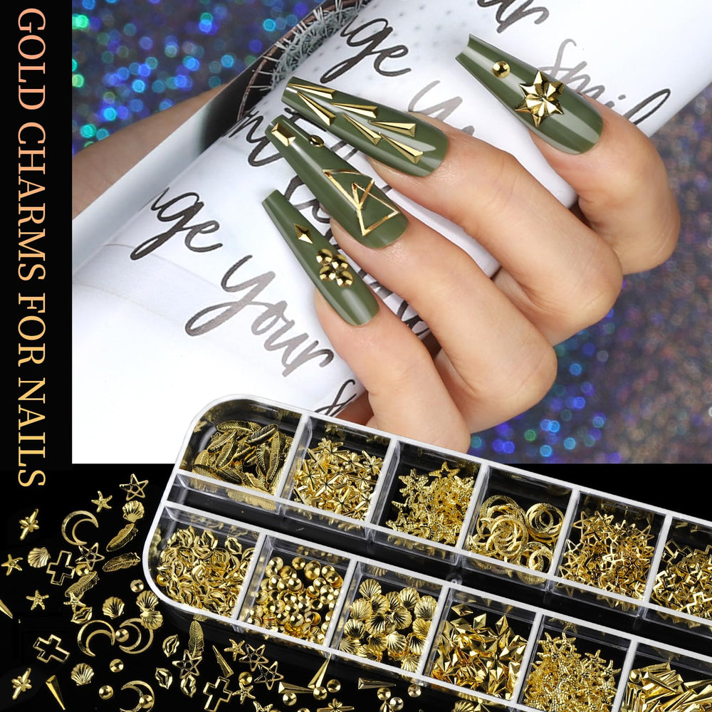 Teenitor gold nail charms collection display with four boxes