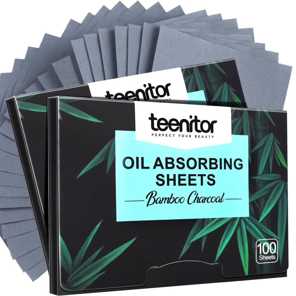 Teenitor papel absorbente carbono bambú para rostro, absorbe grasa sin manchar maquillaje.