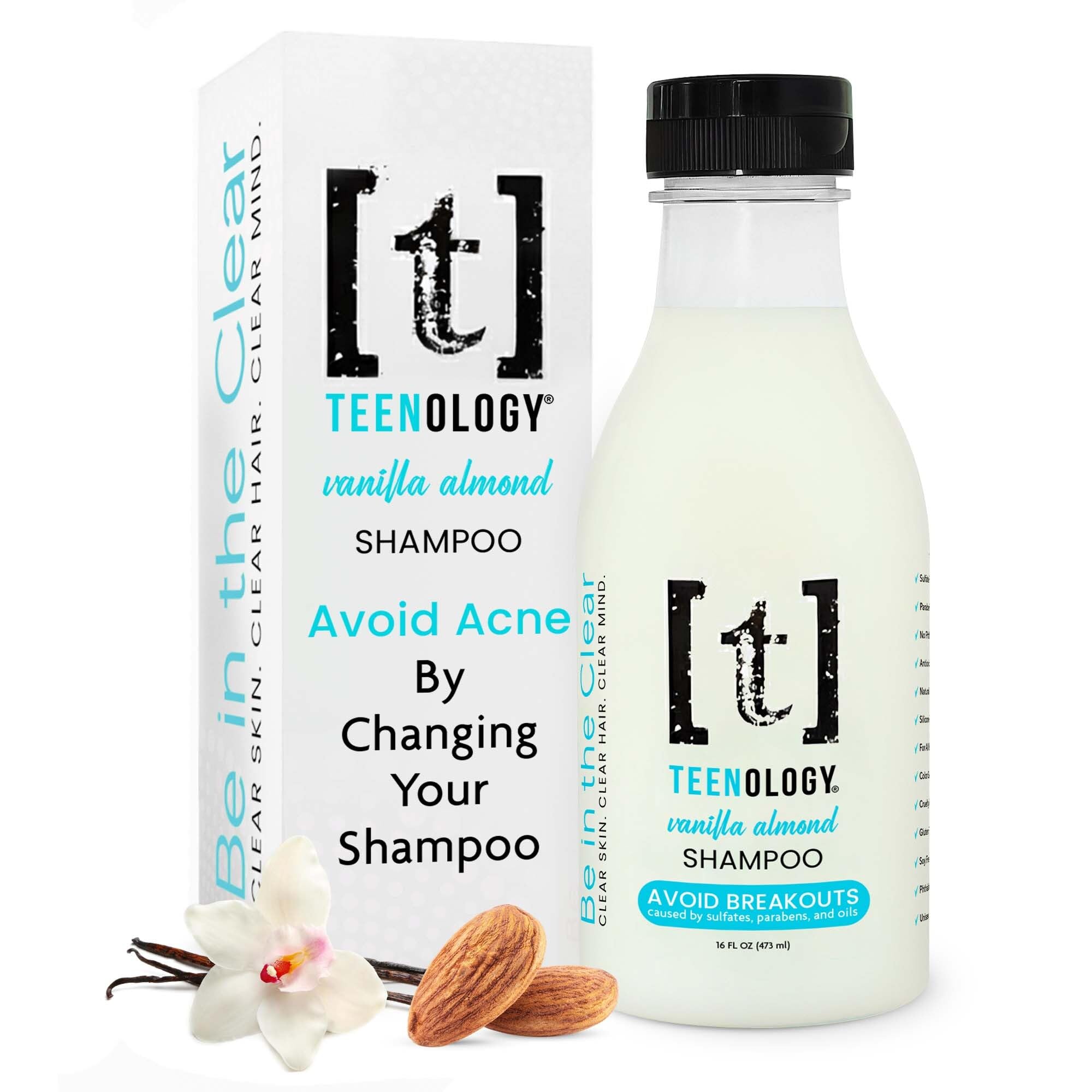 Champú Teenology para adolescentes - botella vainilla-almendra, aroma agradable y limpieza suave.