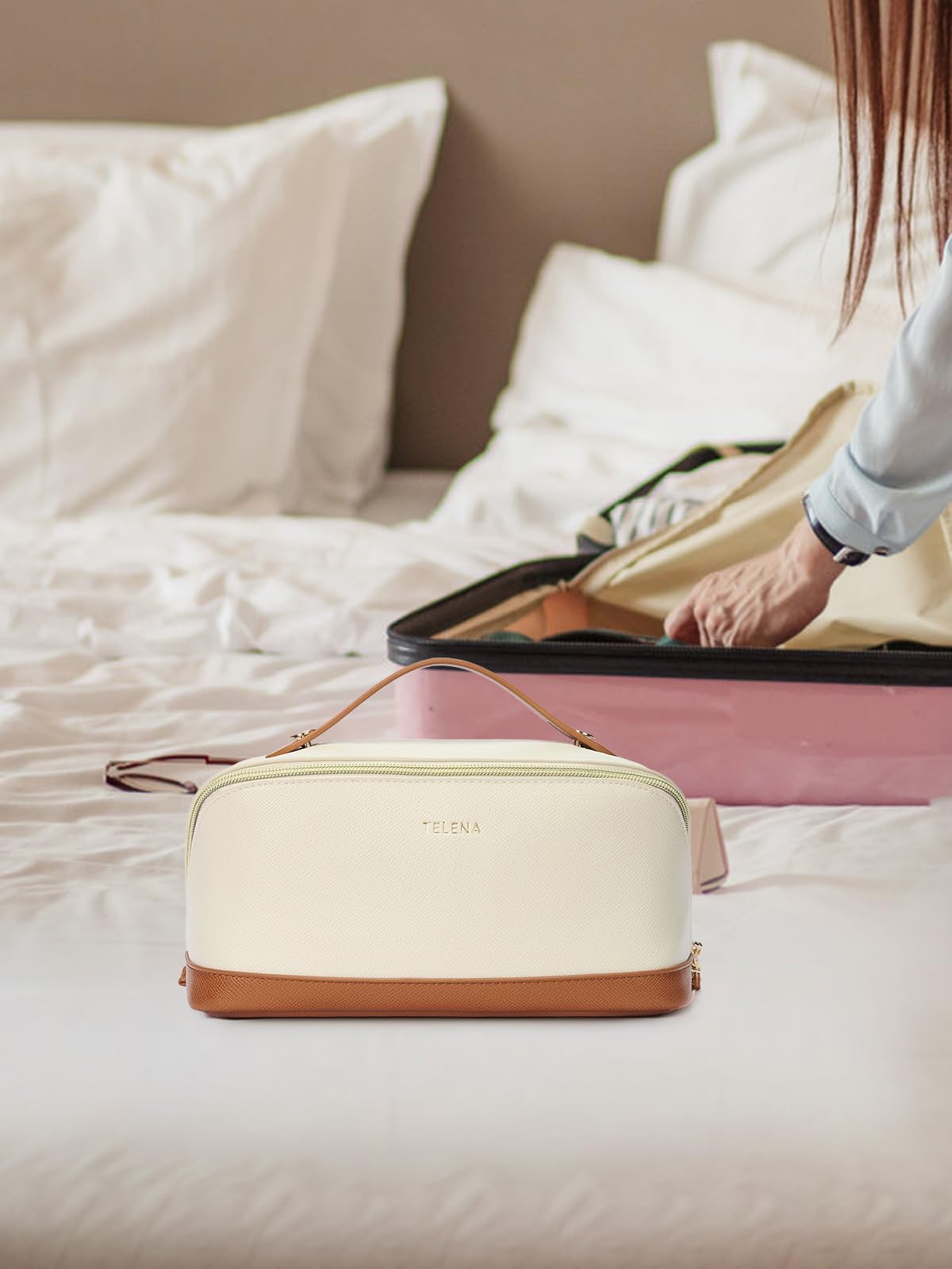 Telena bolsa maquillaje apertura plana permite ver todo en un vistazo