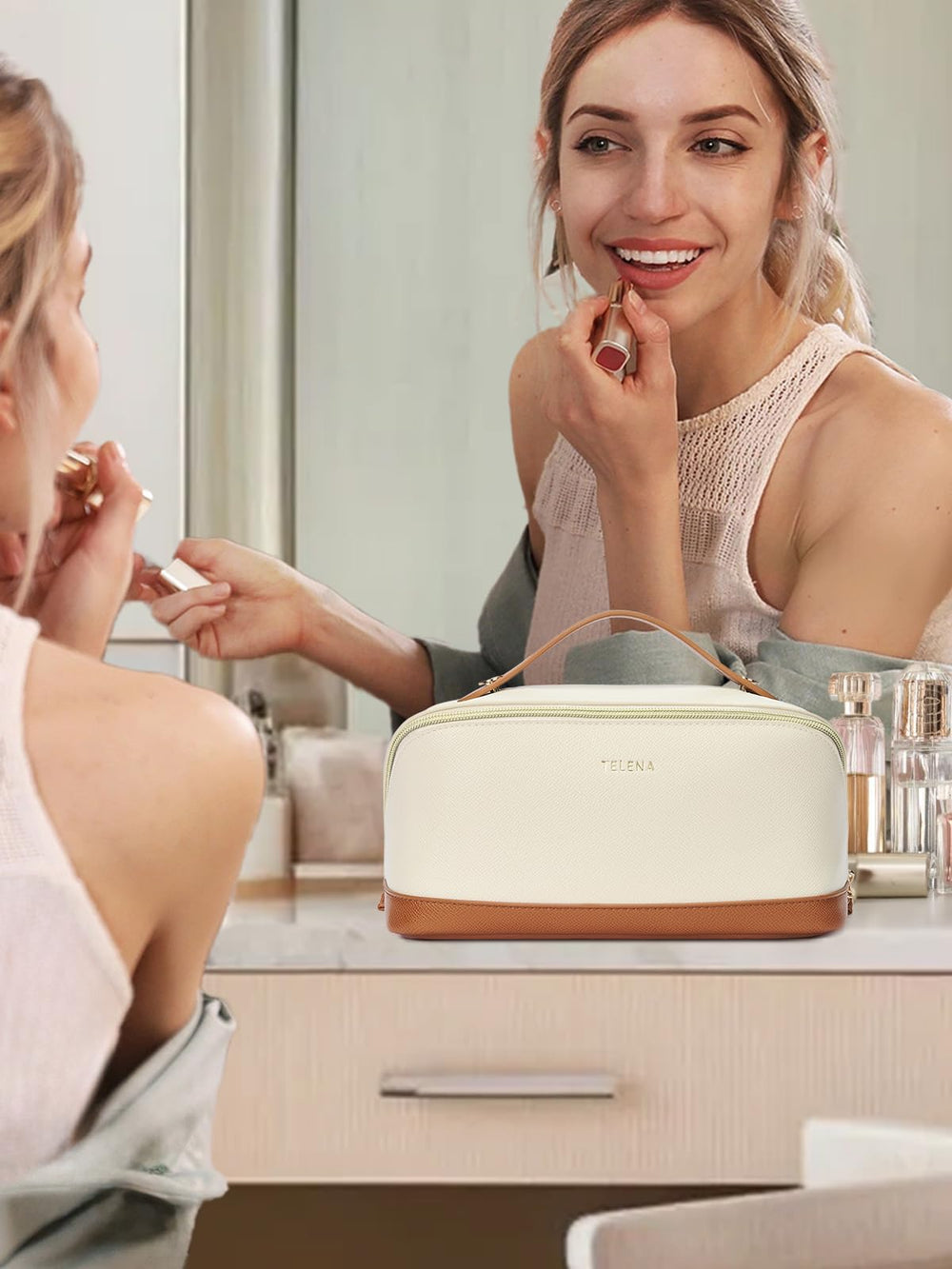 Telena bolsa maquillaje de cuero lujo resistente y duradera para uso diario