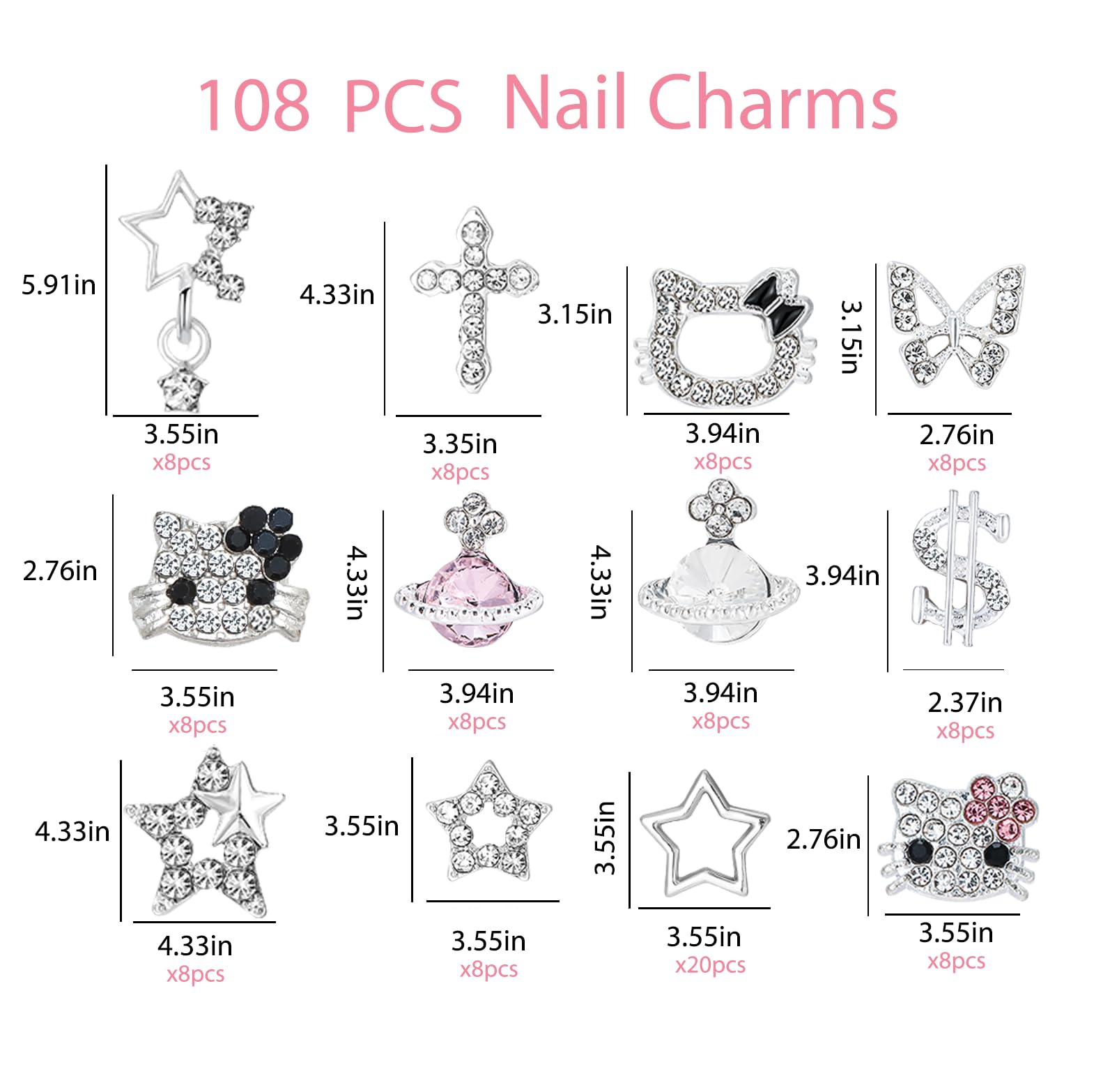 TemBelle charms uñas 3D kawaii corazones, ideal para acentos brillantes