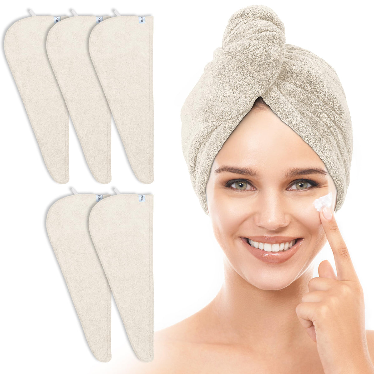 TENSTARS toalla para cabello crema, microfibra 320GSM, absorción rápida para todo tipo de cabello.
