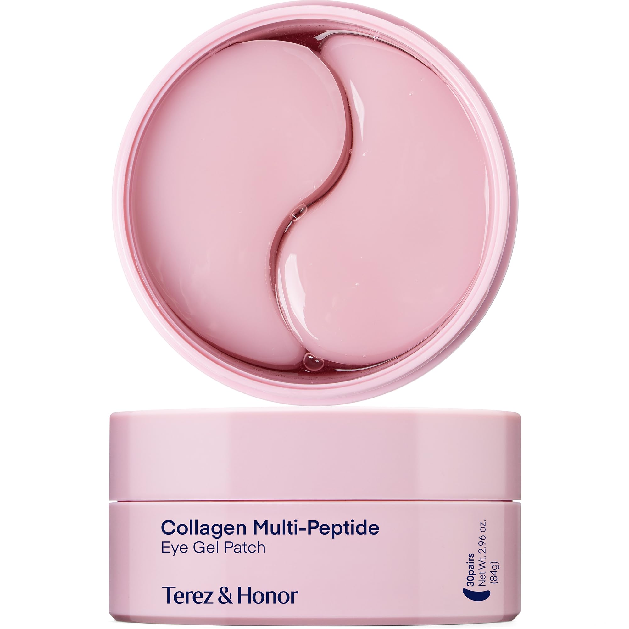 Parches TEREZ & HONOR para ojos con péptidos y colágeno, empaque rosa elegante.