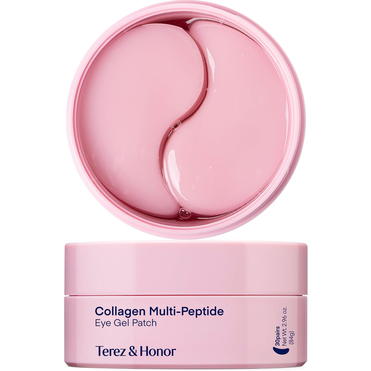 Parches TEREZ & HONOR para ojos con péptidos y colágeno, empaque rosa elegante.