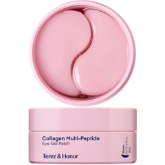 Parches TEREZ & HONOR para ojos con péptidos y colágeno, empaque rosa elegante.
