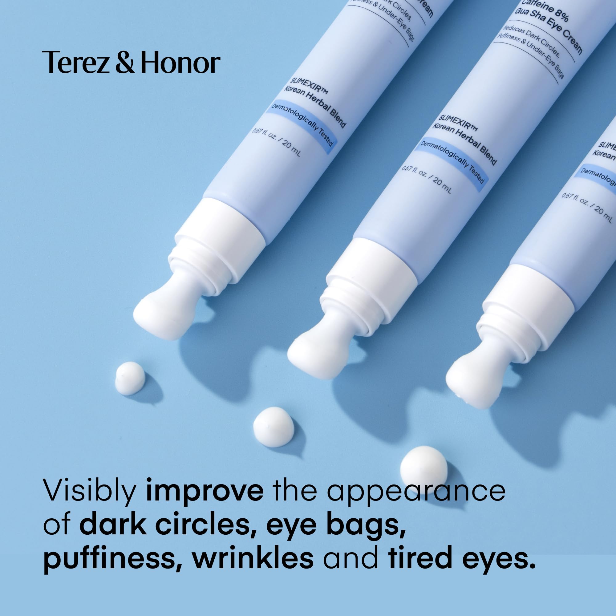 TEREZ & HONOR Step 1 caffeine eye cream bottle emphasizing cooling and firming.