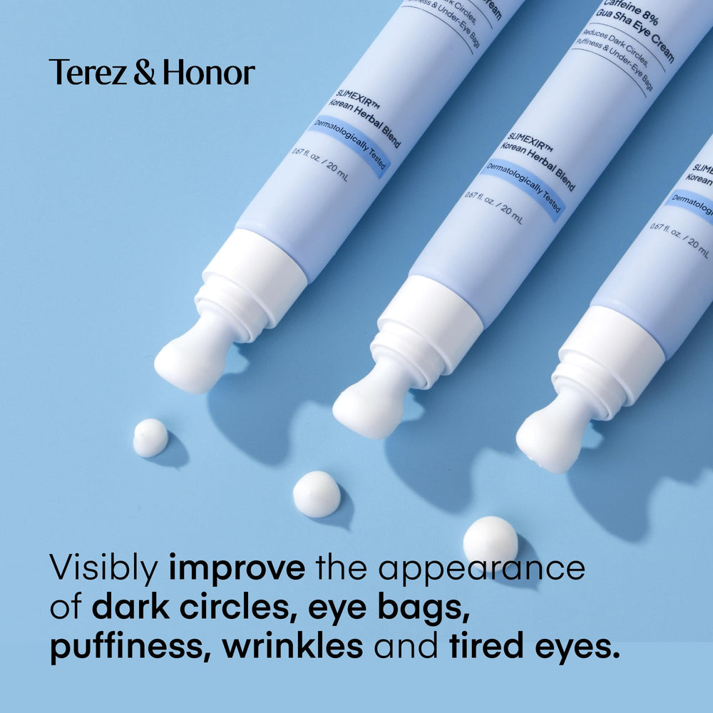 TEREZ & HONOR Step 1 caffeine eye cream bottle emphasizing cooling and firming.