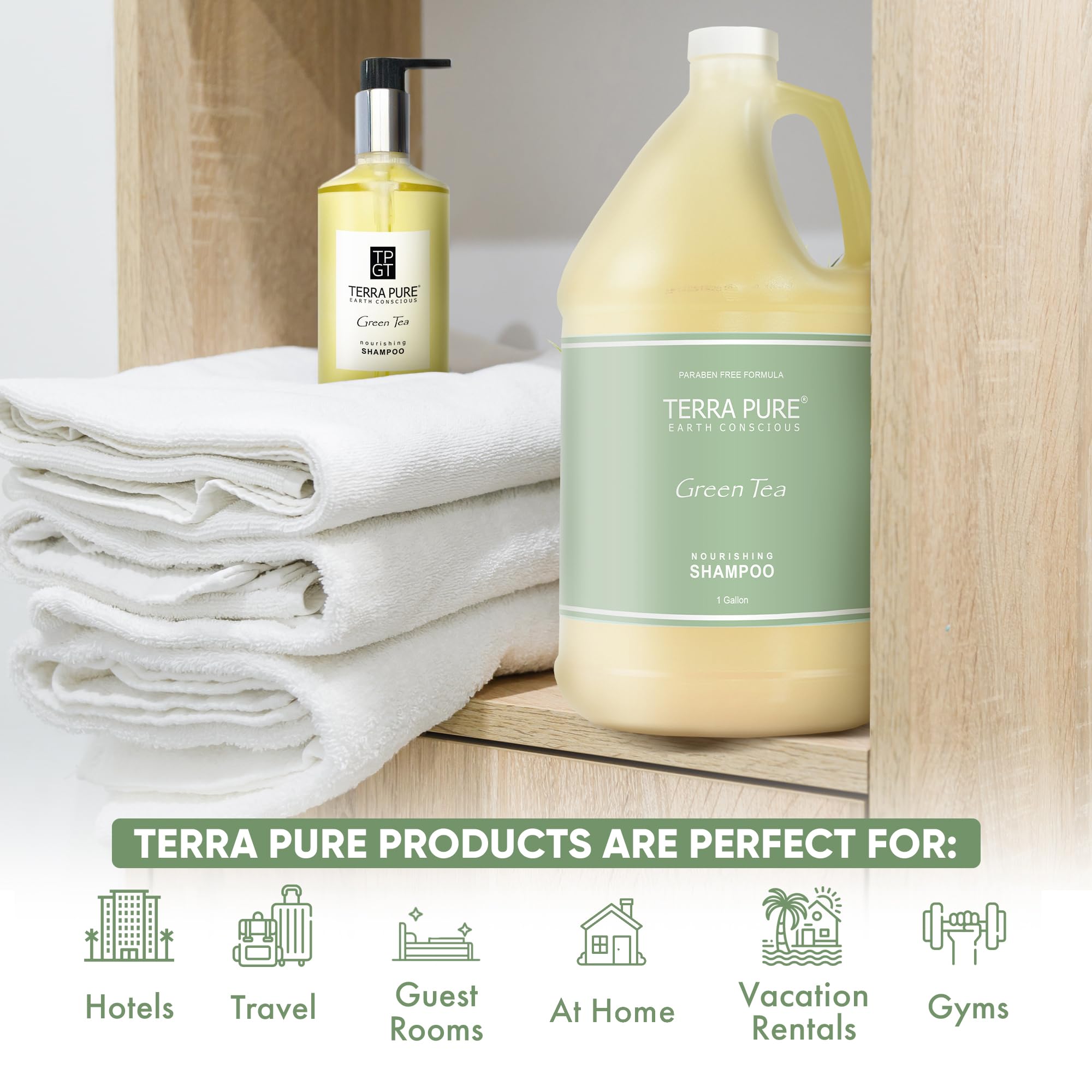 Etiqueta ecológica Terra Pure Hotel Shampoo en envase sostenible