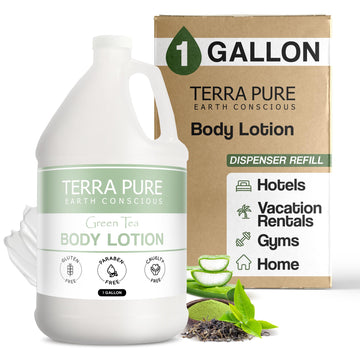 Terra Pure Lotion té verde en galón para hotel, listo para rellenar dispensadores.