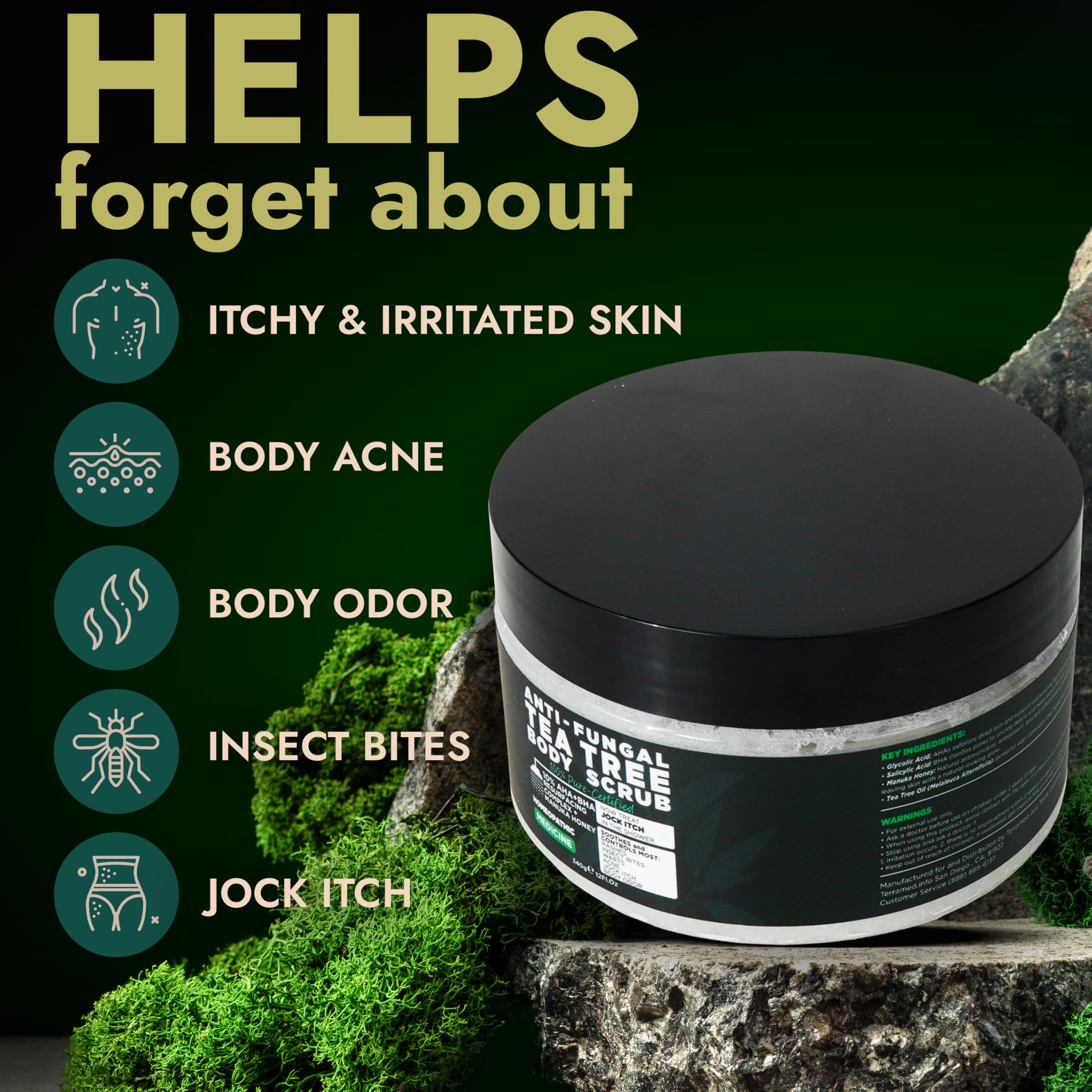 Terramed Just Think Comfort exfoliante corporal con árbol de té para renovar la piel.