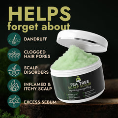 Texture closeup of Terramed Just Think Comfort Tea Tree Scalp Scrub showing mineral grains for cleansing