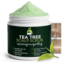 Terramed Just Think Comfort Tea Tree Scalp Scrub tub closeup highlighting exfoliating grains for comfort