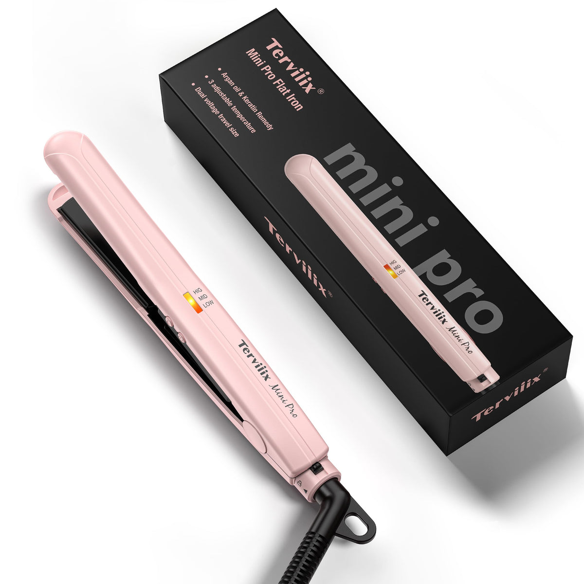 Plancha Terviiix mini con placas cerámicas de media pulgada para cabello suave y detallado.