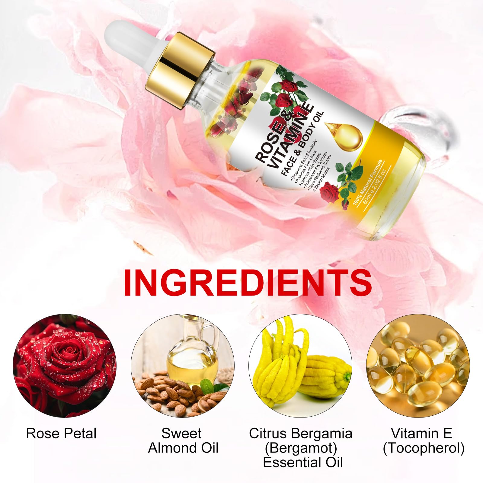 Textura ligera del aceite Rosa Vitamina E para absorción rápida.