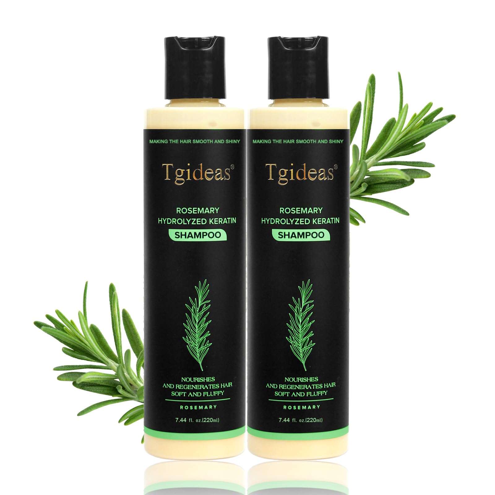 Tgideas Champú Romero, botella visible, promueve cabello más fuerte y brillante.