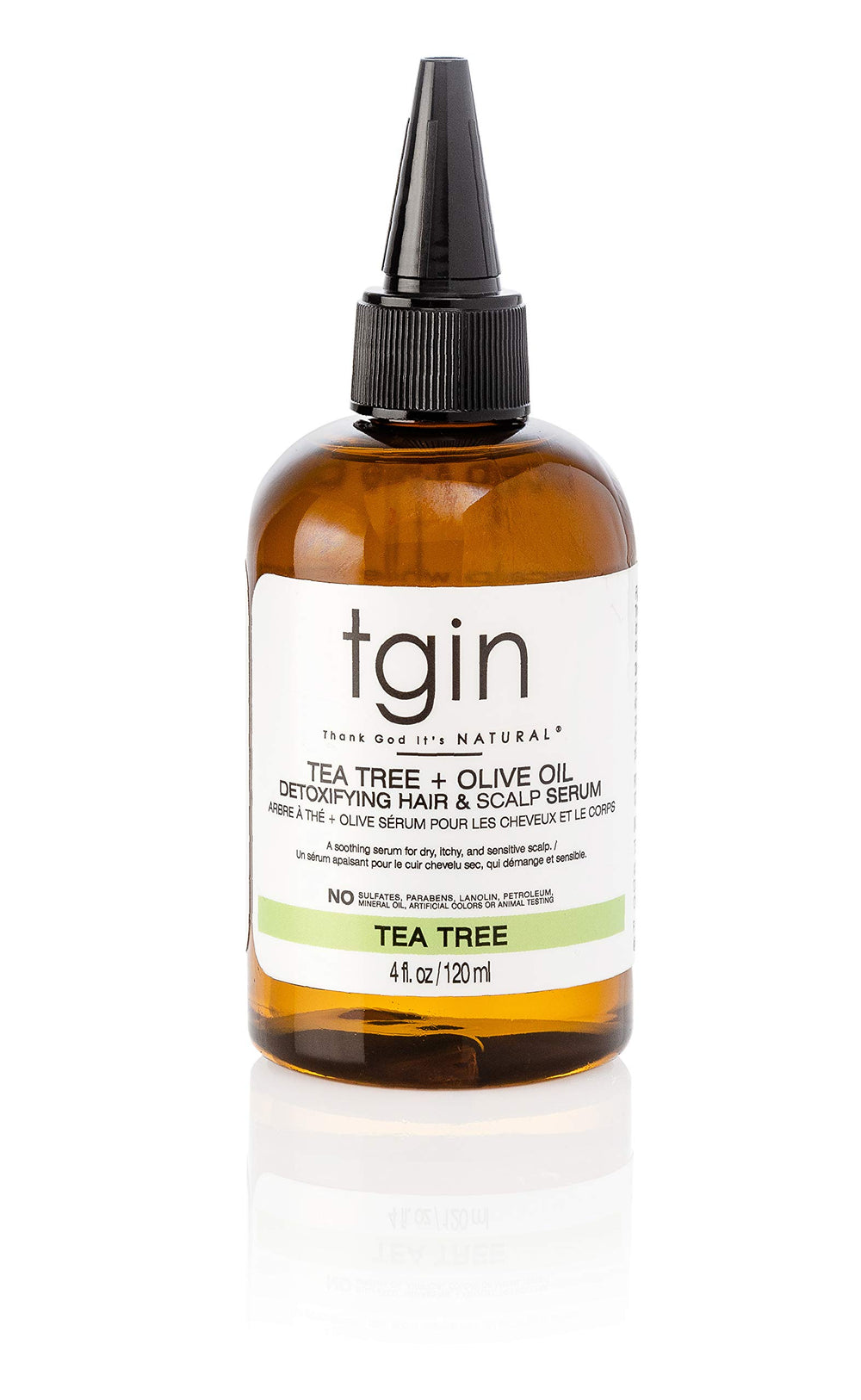 Sérum tgin en botella con árbol de té y aceite de oliva para cuero cabelludo limpio.