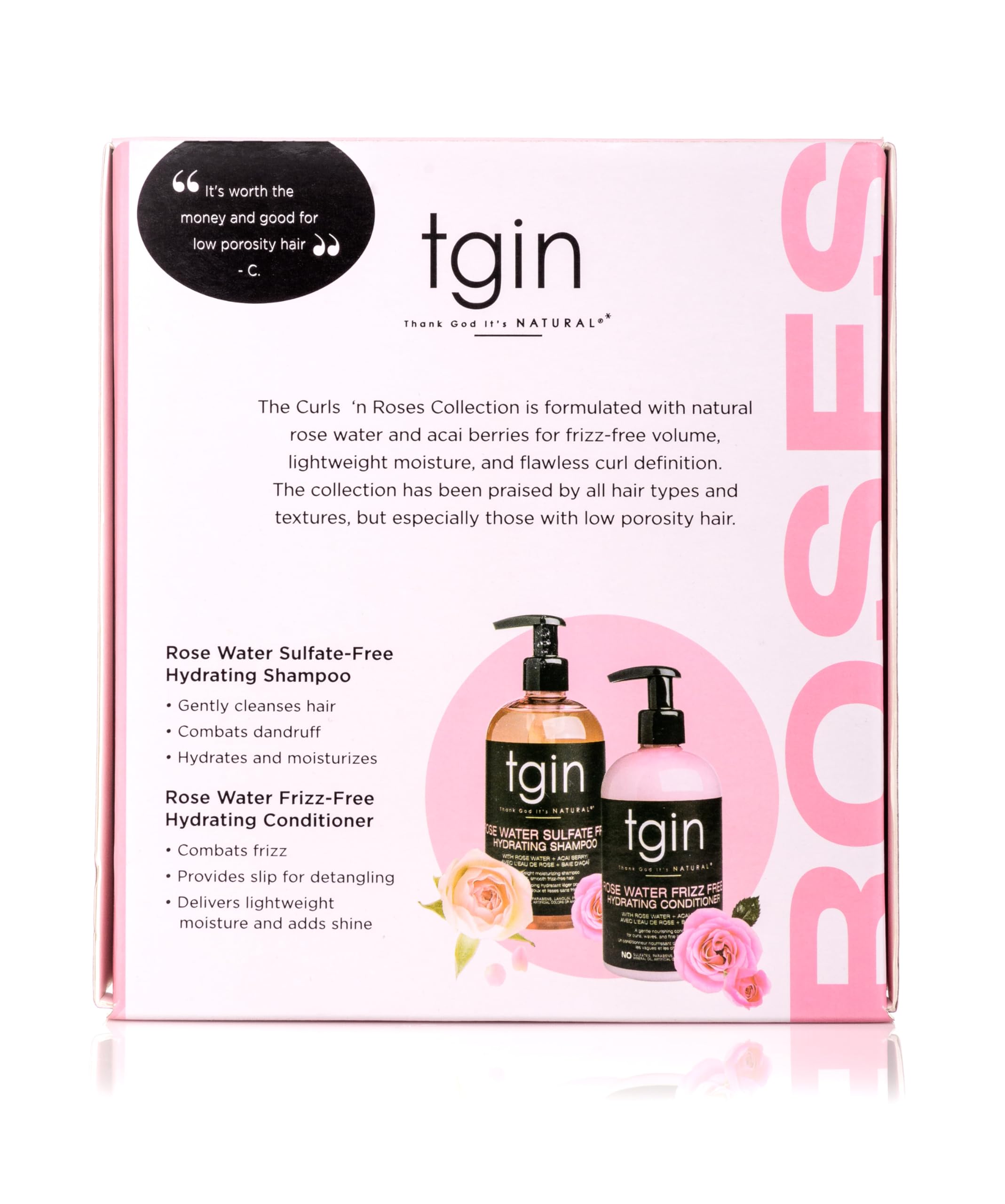 Dúo Rose Water de TGIN ofrece definición e hidratación en rizos.