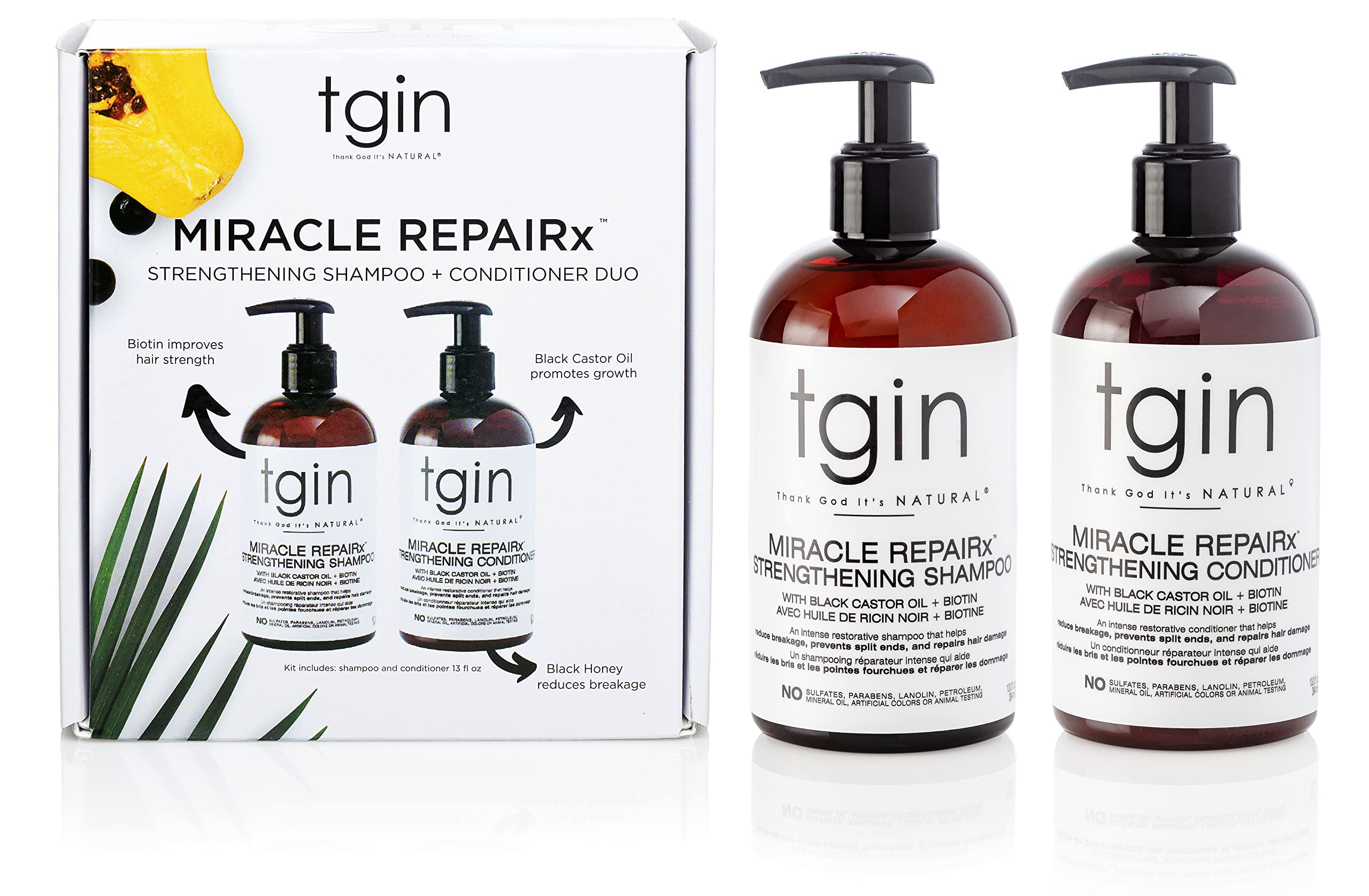 conjunto tgin Miracle RepaiRx en empaque, cuidado completo para cabello dañado