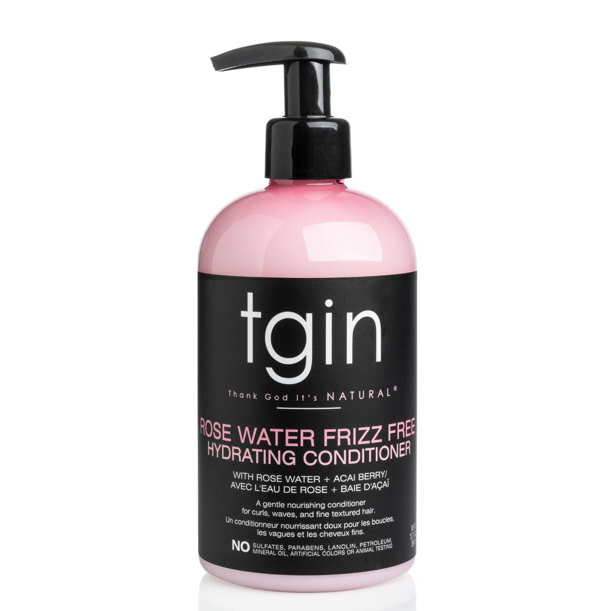 Acondicionador tgin Rose Water en botella aporta hidratación profunda para rizos.