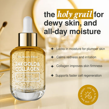The Beauty Elixir 24K Gold Serum dropper dispenses hydration for a more even tone.