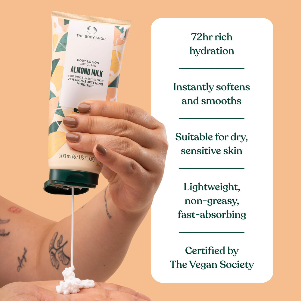 The Body Shop Almond Milk y Honey: envase con 30% plástico reciclado para reducir residuos.