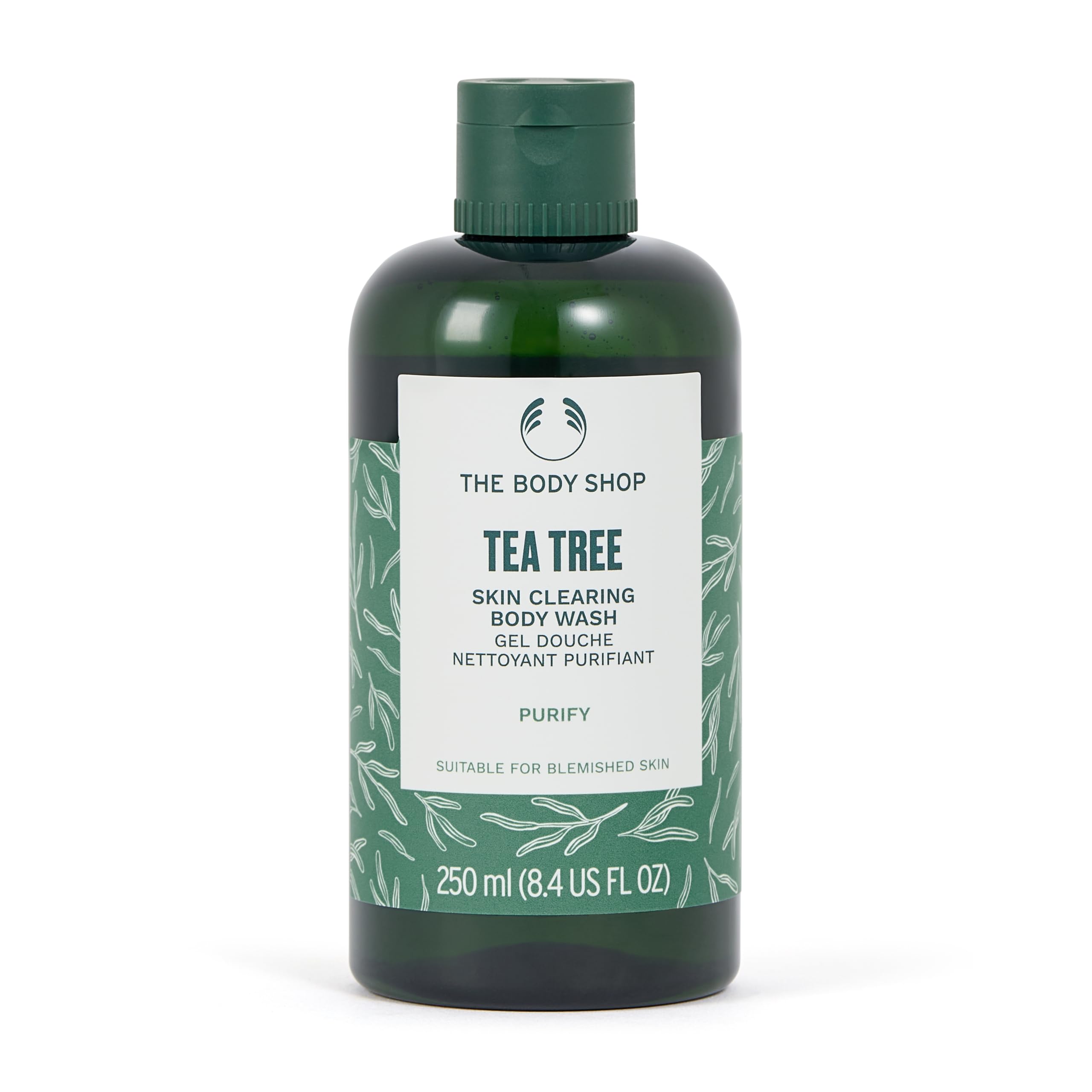 The Body Shop Tea Tree limpiador corporal, botella vertiendo, limpieza purificante para piel grasa