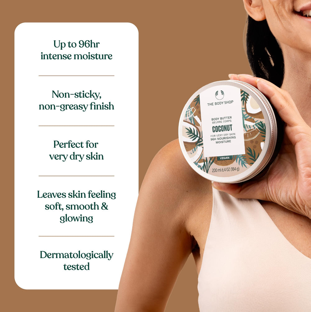The Body Shop Coconut Body Butter — application rapide: pénètre facilement sans sensation lourde.