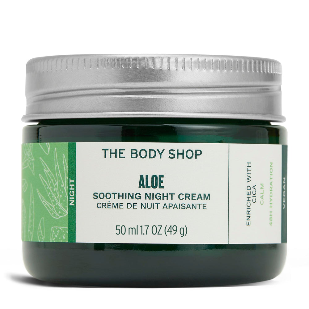 The Body Shop crema noche aloe vera, bote de vidrio, hidratación de 48h.