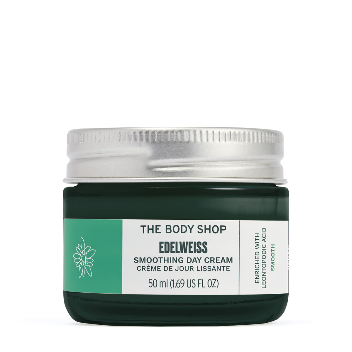 The Body Shop Edelweiss crema de día en frasco, hidratación suave para todo el día.