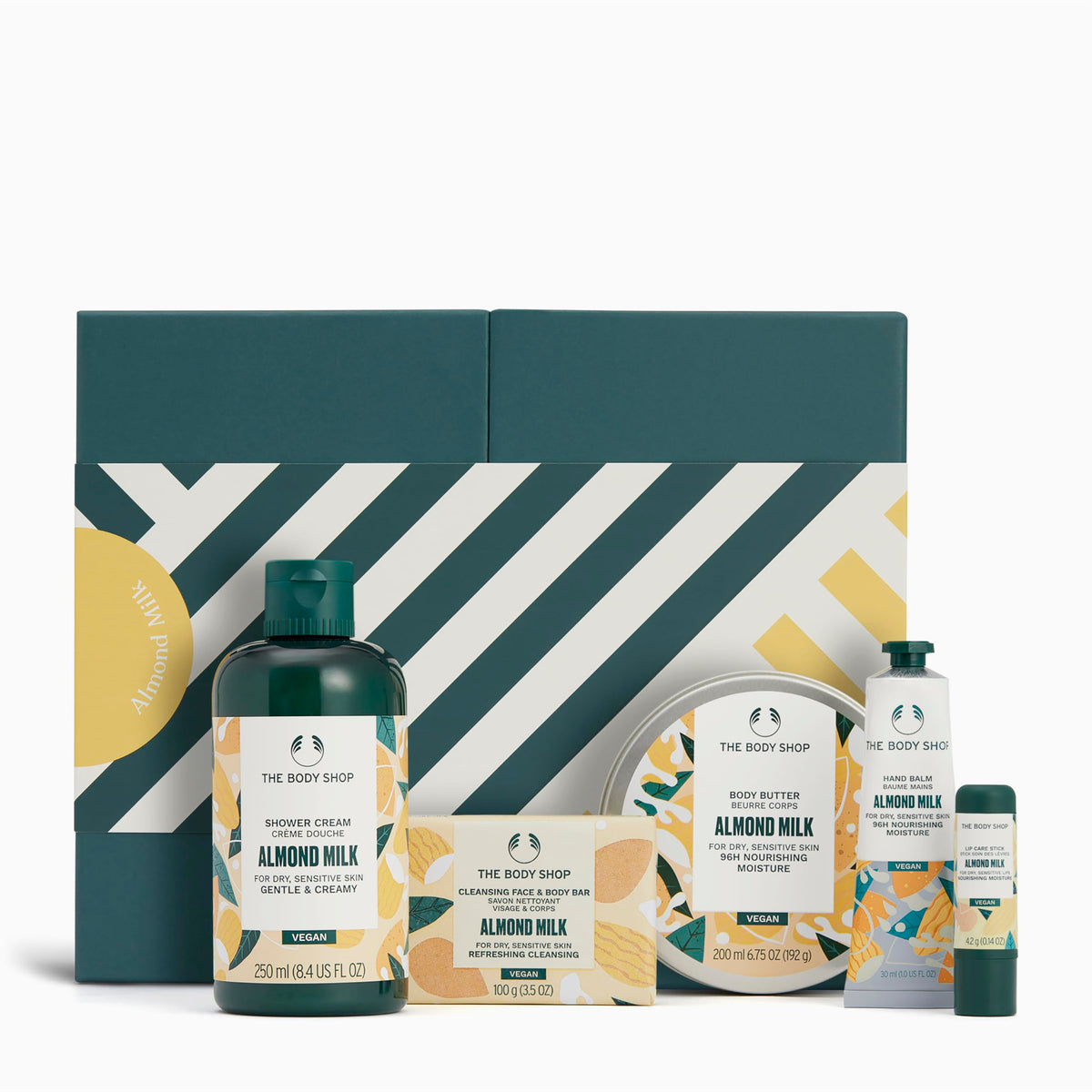 The Body Shop Leche de Almendra kit regalo, empaque frontal, presentación atractiva.
