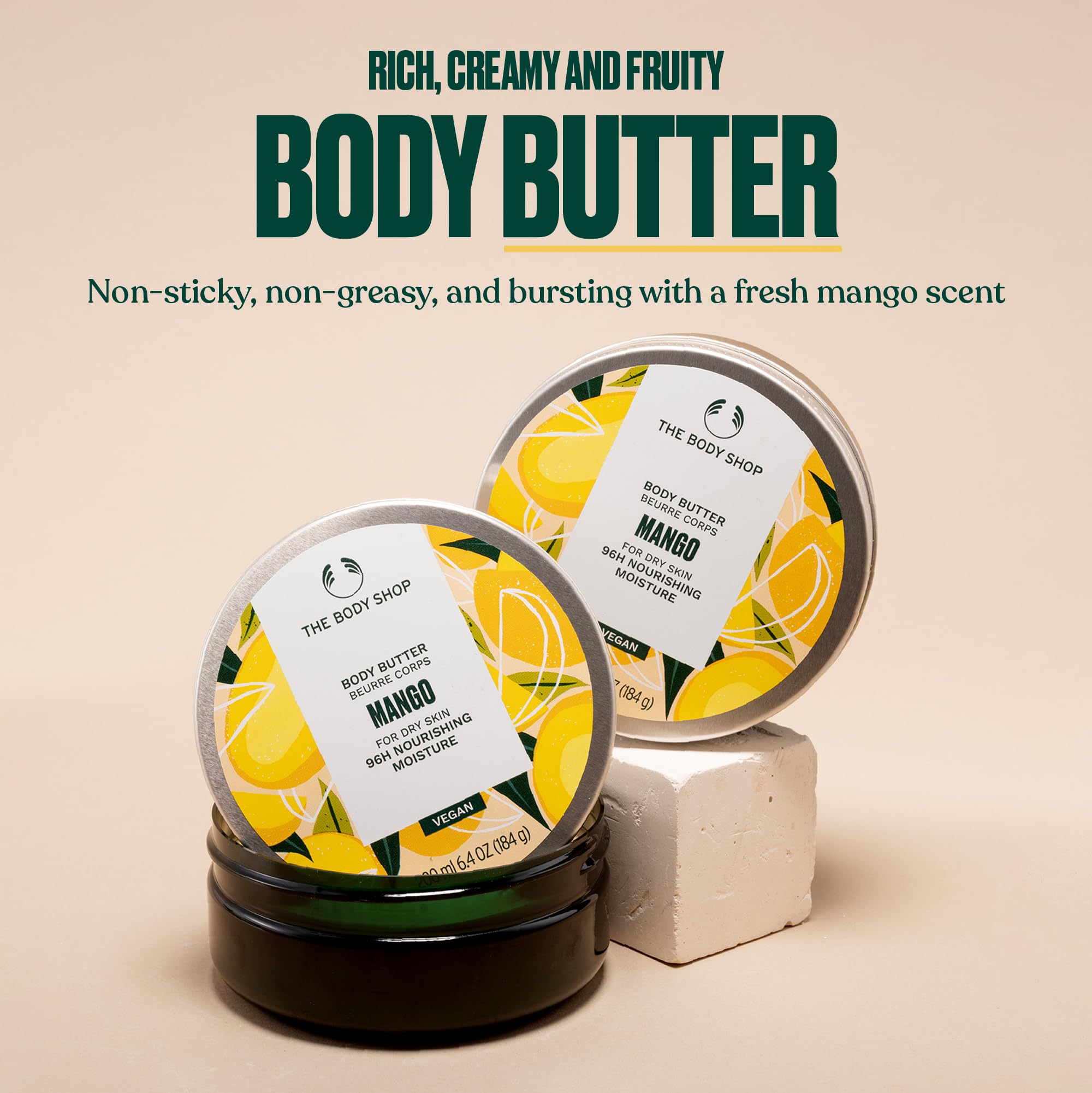 The Mango Body Butter packaging shows recyclable materials and eco design.