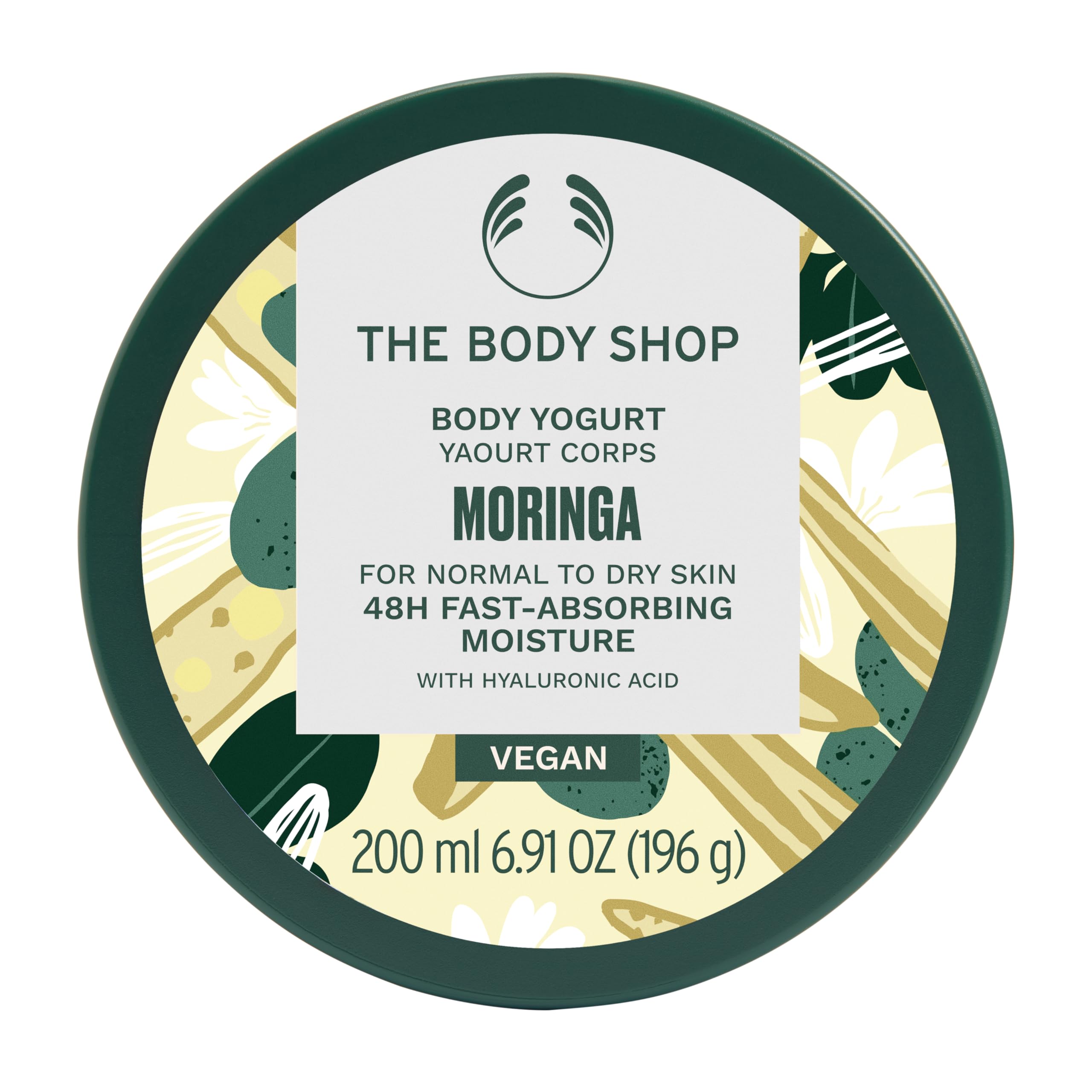 The Body Shop Moringa Body Yogurt en el bote, hidratación rápida para piel suave.