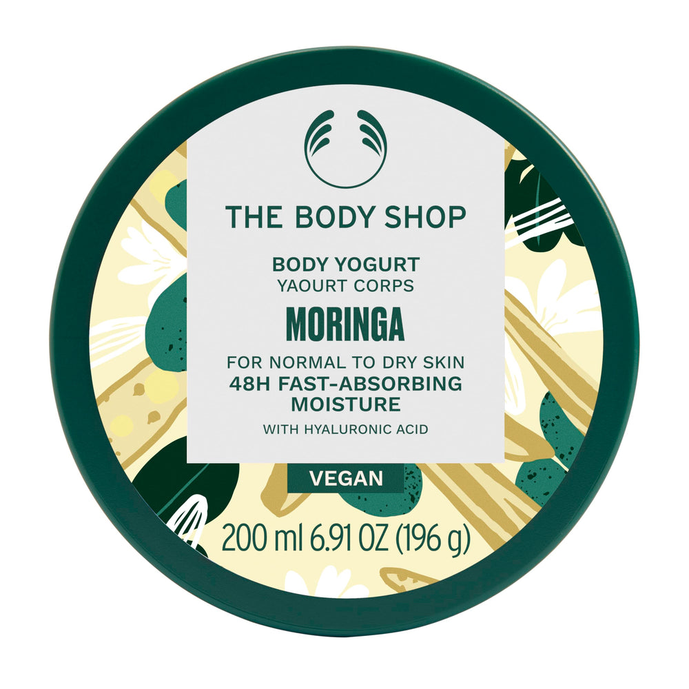 The Body Shop Moringa Body Yogurt en el bote, hidratación rápida para piel suave.
