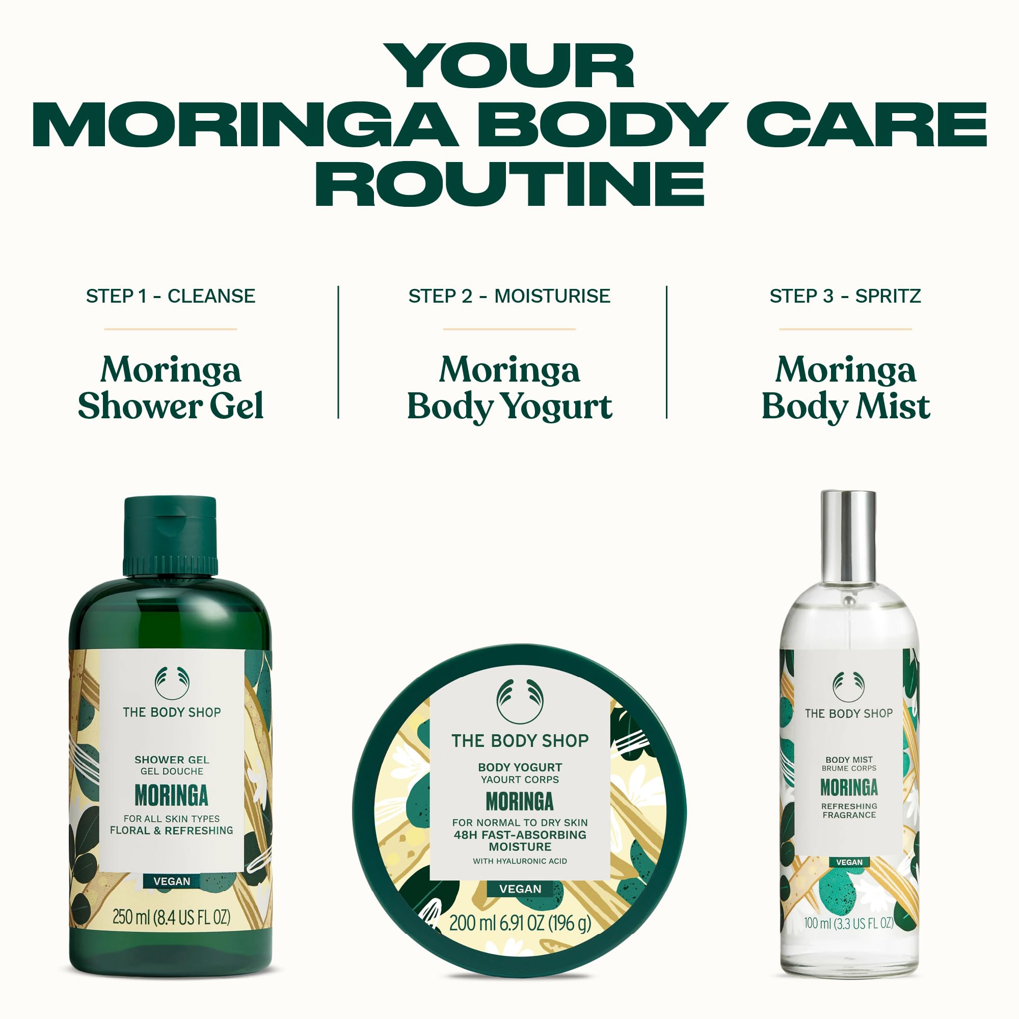 The Body Shop Moringa Body Yogurt, etiqueta vegana destacando su compromiso.