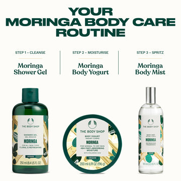 The Body Shop Moringa Body Yogurt, etiqueta vegana destacando su compromiso.