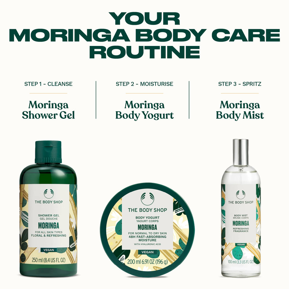 The Body Shop Moringa Body Yogurt, etiqueta vegana destacando su compromiso.