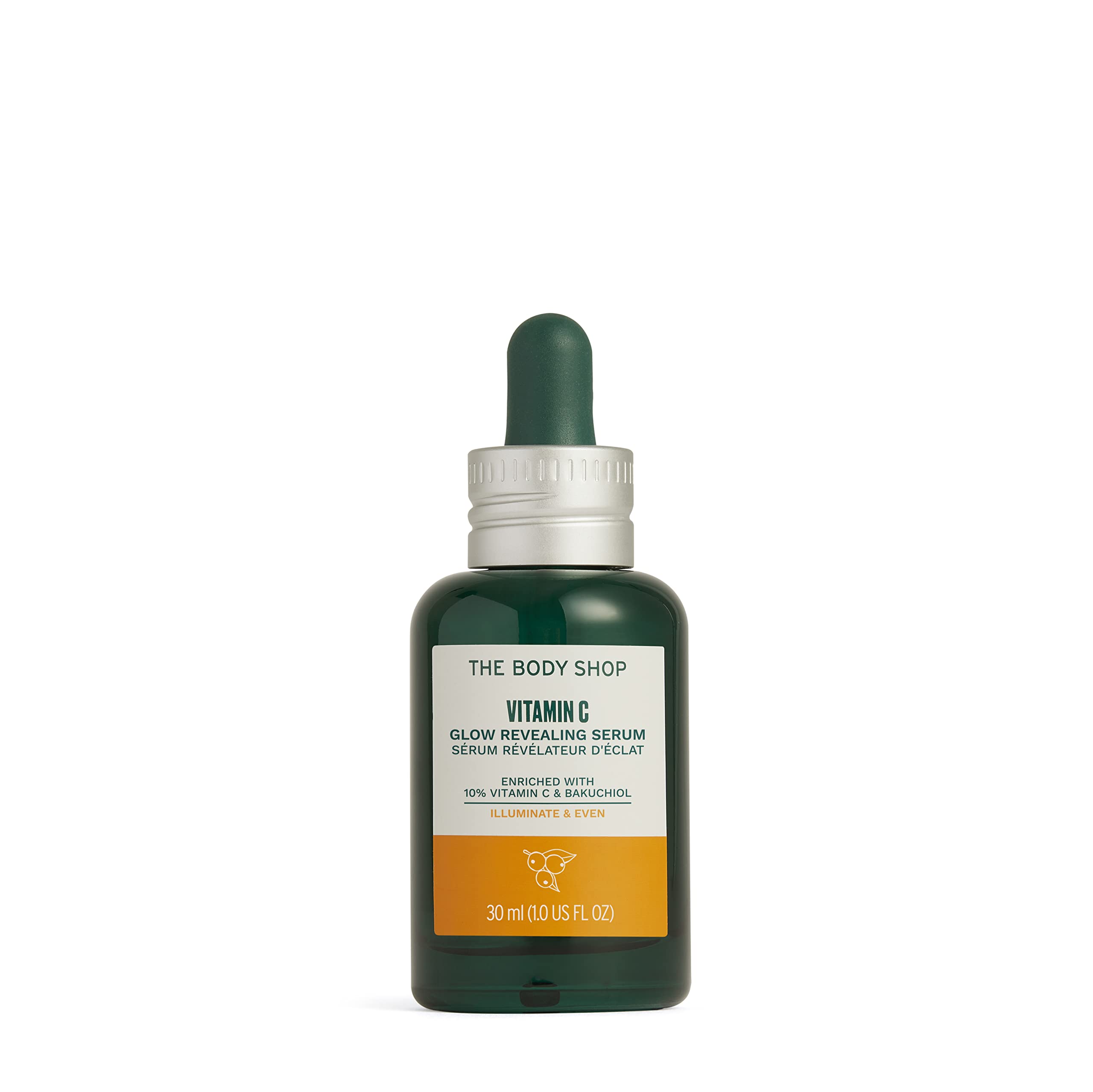The Body Shop Serum brilla conVitamina C en botella, iluminación de la piel opaca.