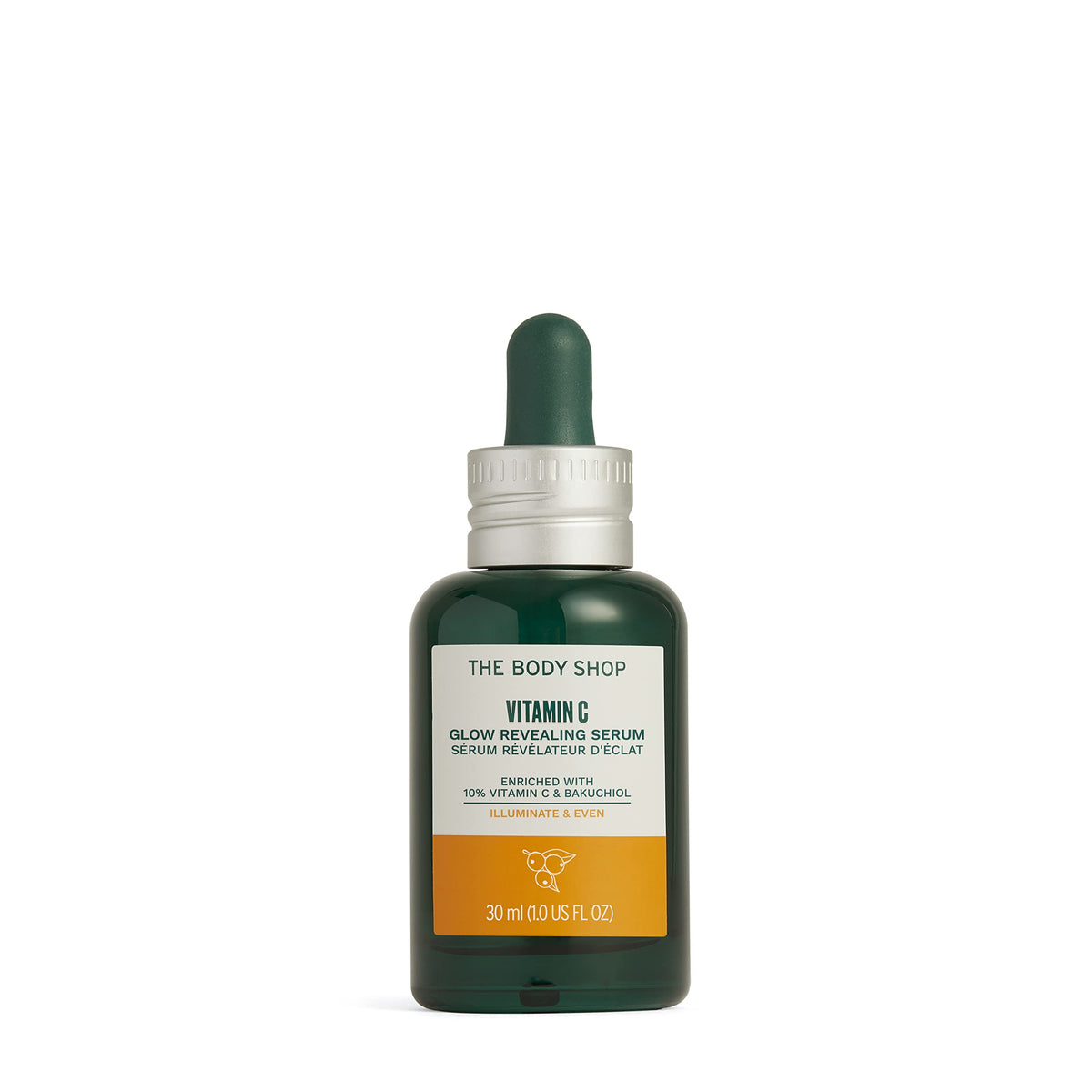 The Body Shop Serum brilla conVitamina C en botella, iluminación de la piel opaca.