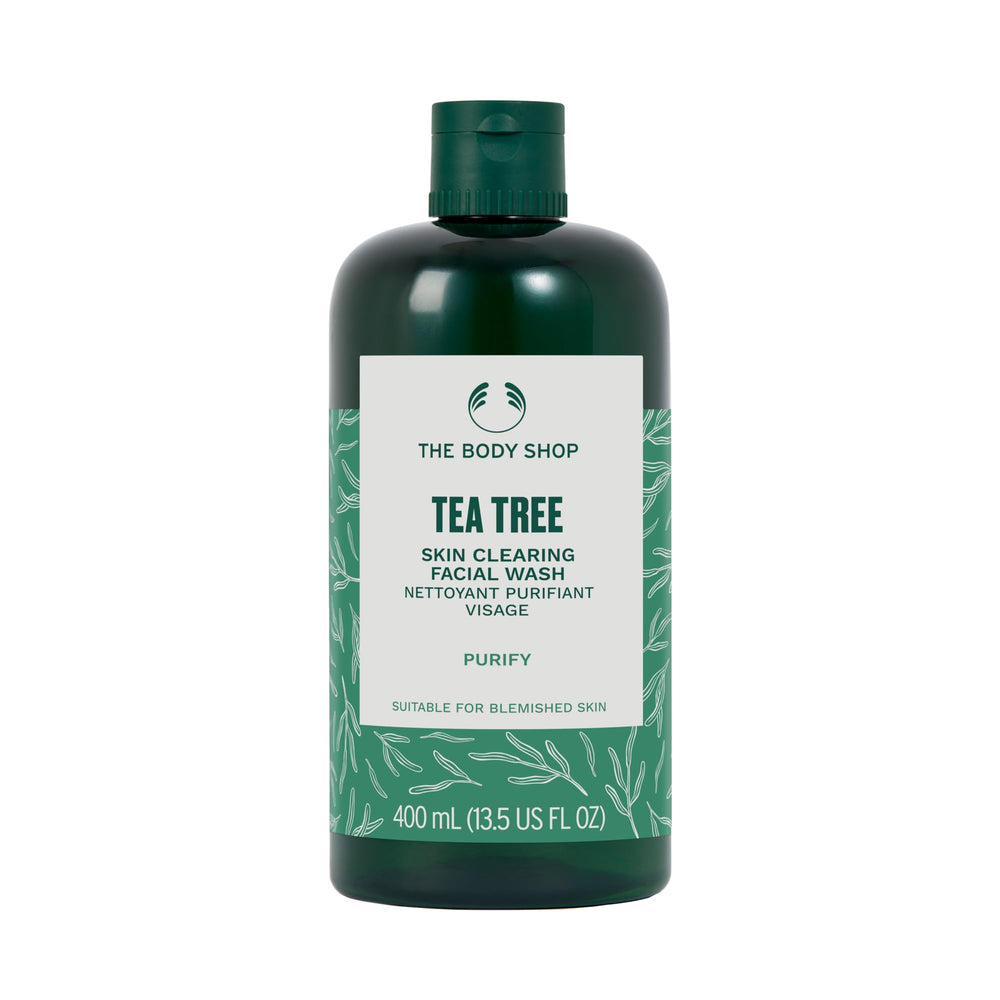 The Body Shop Tea Tree Skin Clearing Facial Wash bottle pour for daily cleansing and oil control.