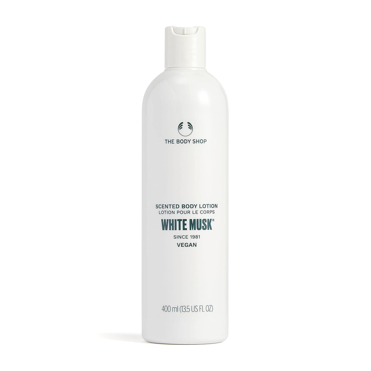 La loción White Musk de The Body Shop en botella para hidratación diaria
