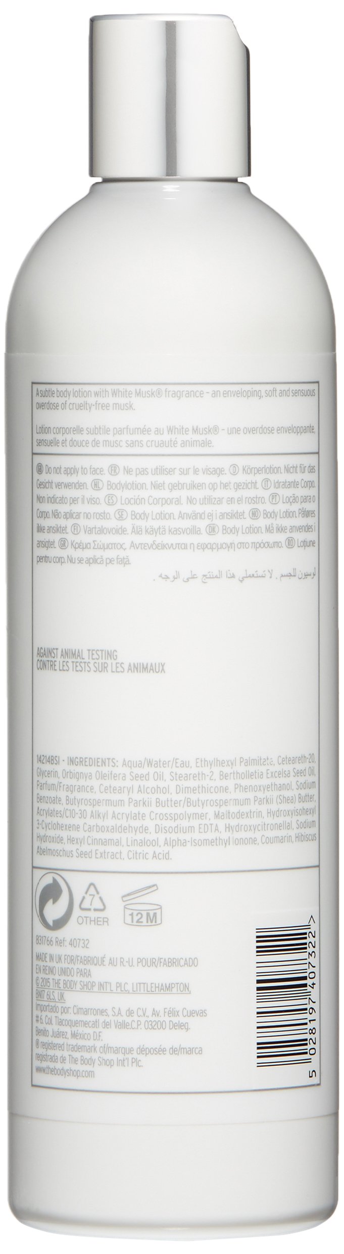 Textura cremosa de la loción White Musk, aroma floral suave para uso diario