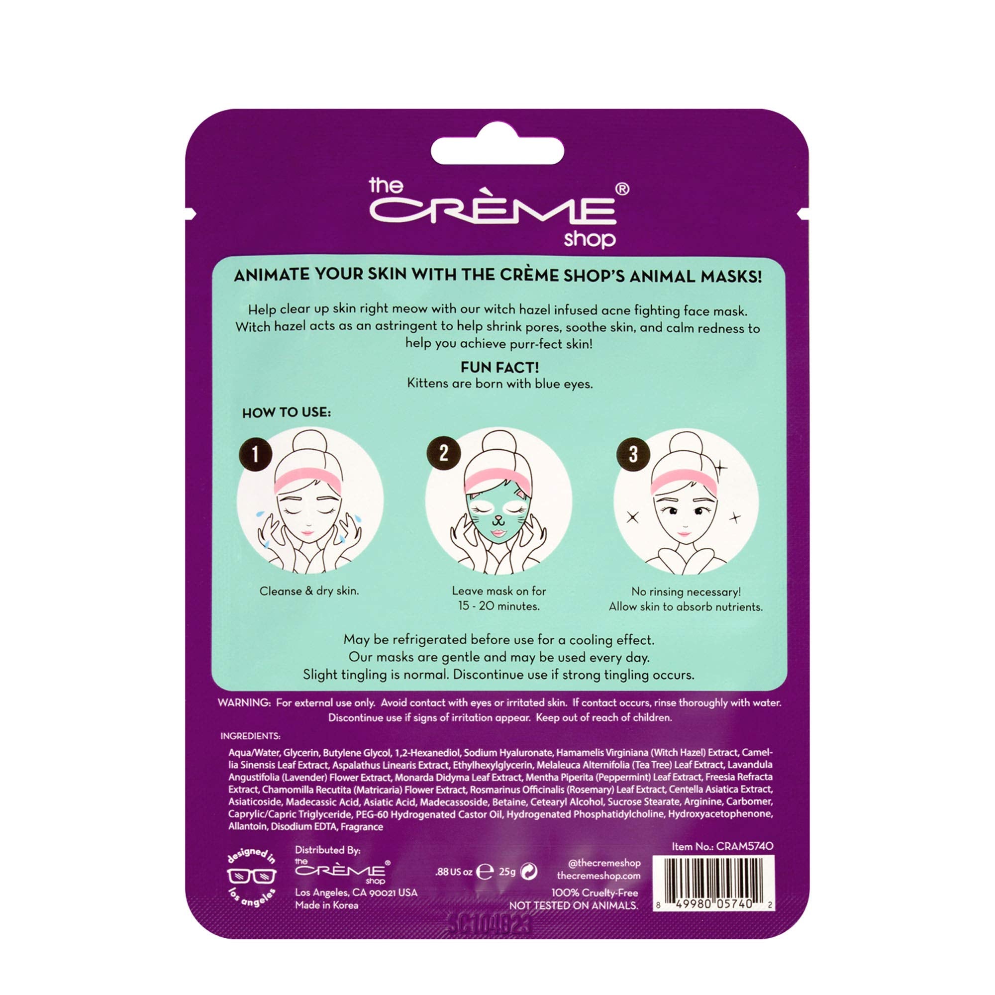 The Crème Shop pack de 3 mascarillas gatito para hidratación diaria.